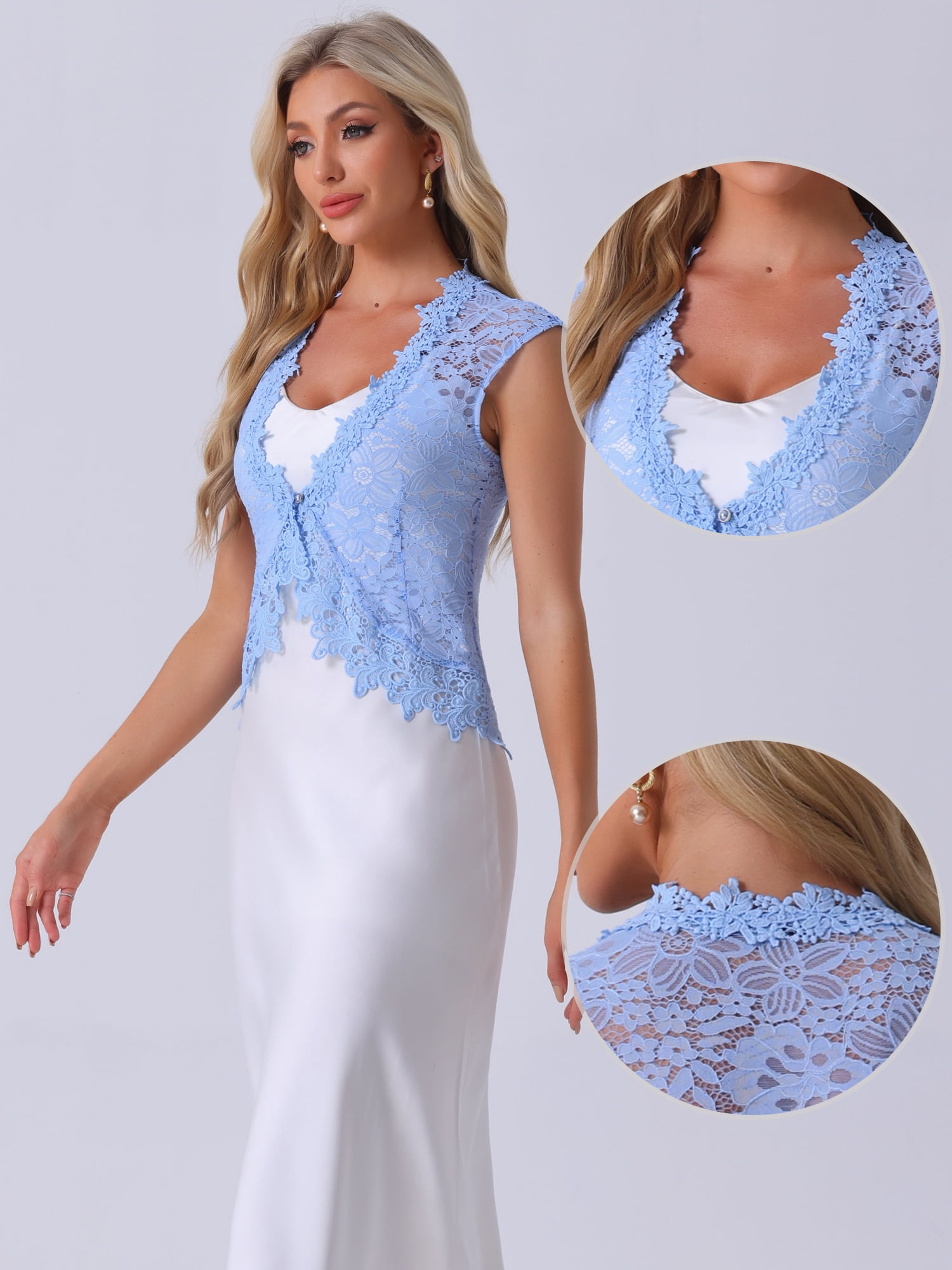 DARING DIVA Women's Lace Cap Sleeves Cardigan Floral Shrug S Sky Blue