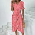 thumbnail image 2 of Wycnly Dresses for Women Beach Fashion Plus Size Irregular Wrap Hem Knee-Length Dresses V-Neck Short Sleeve Floral Print Summer Midi Formal Dress Red XL, 2 of 6