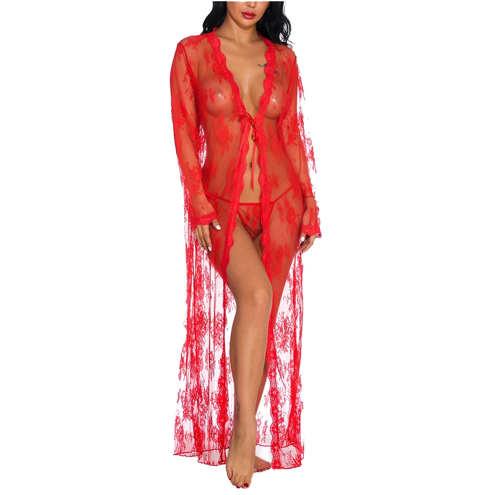 Mefallenssiah Women Coat Clearance Women Lace One Piece Underwear Cardigan Long Nightgown See Through Pajamas Rollbacks Walmart