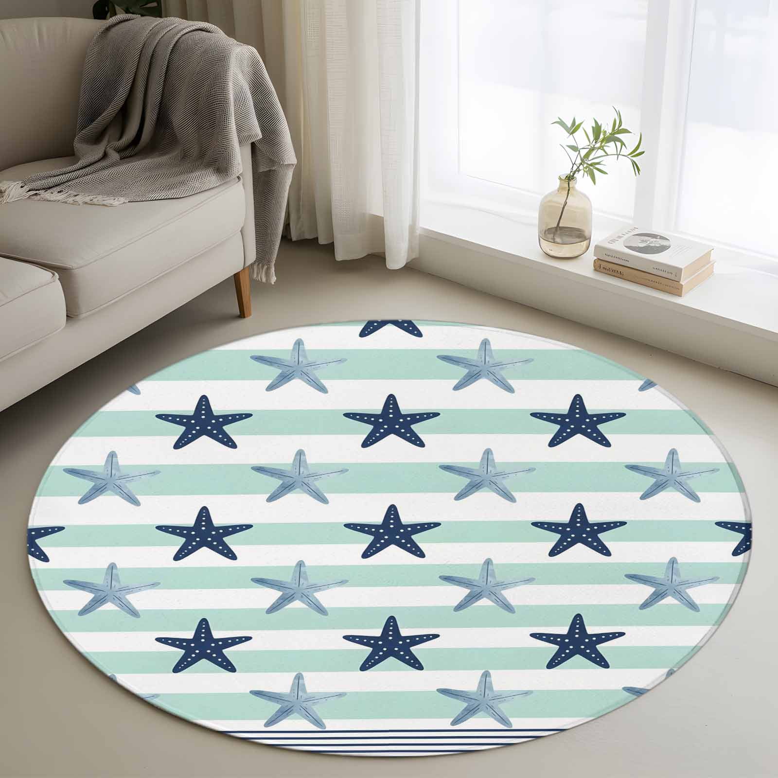 Washable Round Area Rug Sea Navy Blue Starfish Circle Rugs Floor Carpet for Living Room Bedroom Green White Striped Background Soft Non Slip Round Rug 4ft