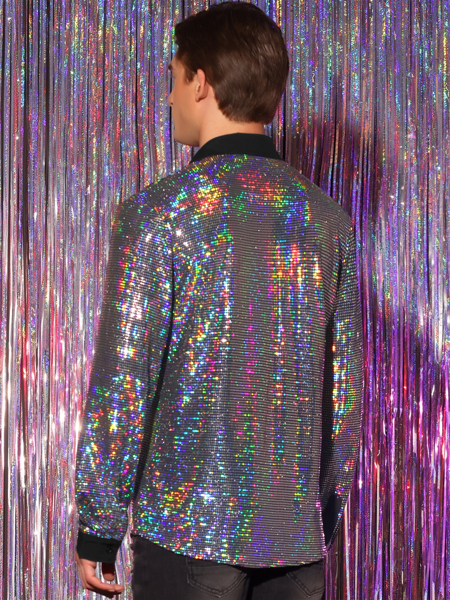 DARING DIVA Men's Sequin Long Sleeves Button Down Disco Metallic Shiny Shirts M Silver