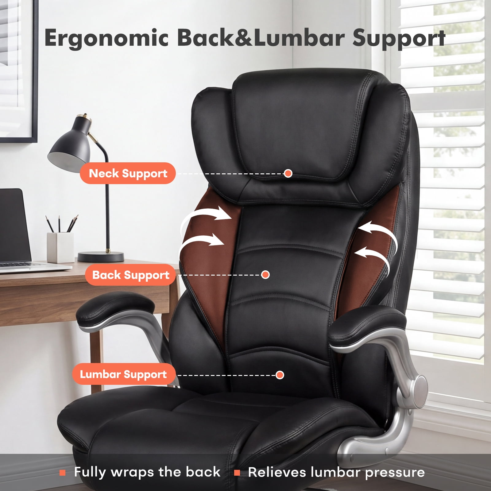 iooHug Big and Tall Office Chair 400lbs, Ergonomic Desk Chair with Lumbar Support, Flip-Up Arms, Faux Leather High Back Computer Chair for Home Office, Black