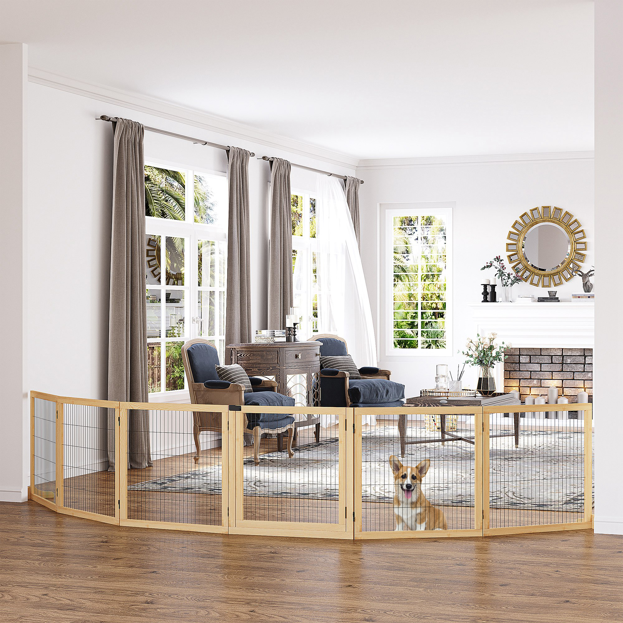 Extra Wide Freestanding Pet Gate, 170-inch Wooden Dog Fence for Large Areas, 6-Panel Foldable Barrier for Doorways and Stairs, No-Drill, Natural Wood​​