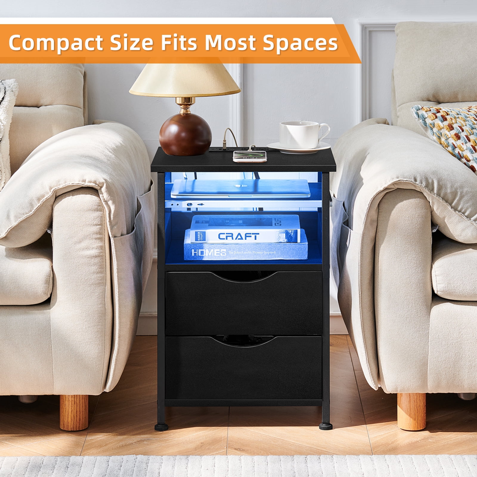 LELELINKY End Table with 2 Drawers Bedside Table with Charging Station & 7 Color LED Light, End Table with Storage Shelf for Living Room, Black