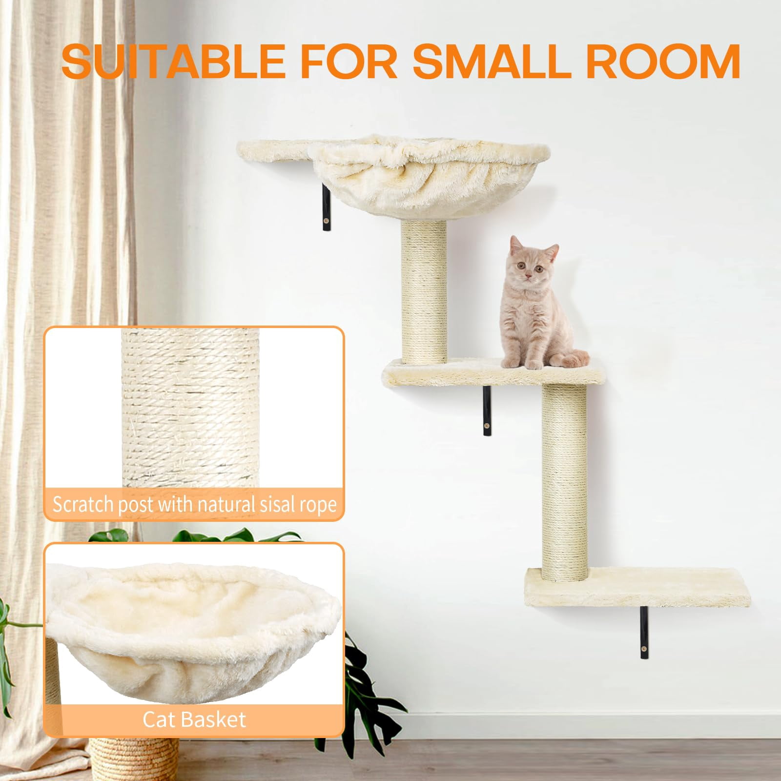 Cat Wall Shelves  Multi-level Climbing Furniture Space-saving Wall-mounted Climber Set With Perches Bridge Hammock Board & Ball For Indoor Play (beige)