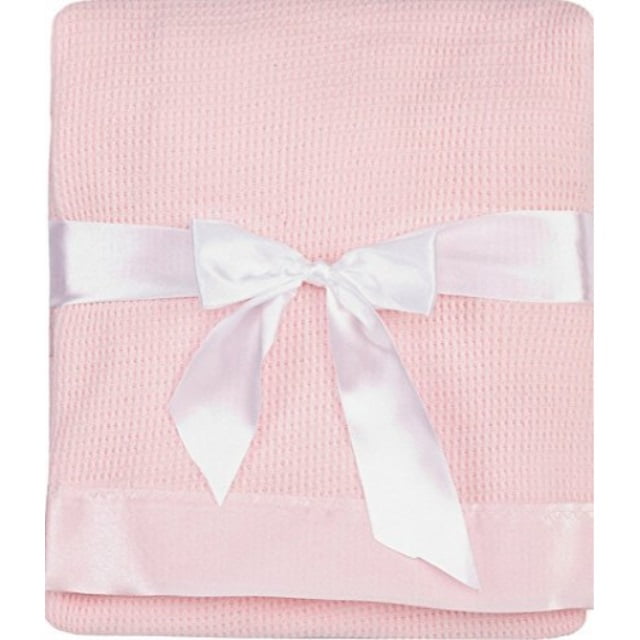 NEW VITAMINS BABY BLUE PINK WHITE WAFFLE WEAVE THERMAL BLANKET W// SATIN TRIM