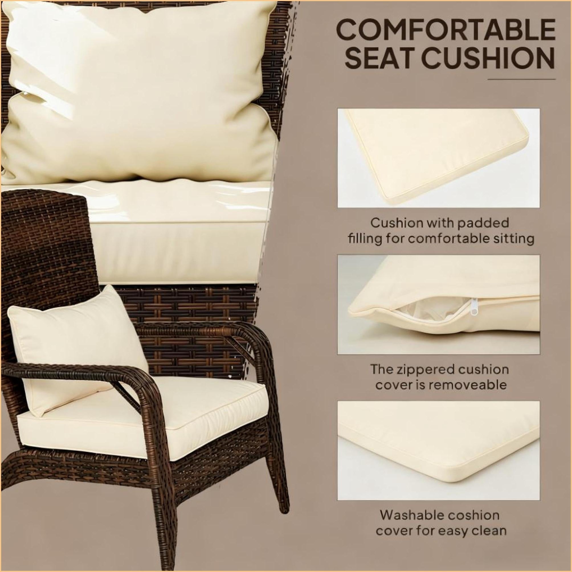 Outdoor Adirondack Chair with Tall Curved Backrest, Soft Cream Cushions | Walnut Brown Wicker | Rattan,Steel,Polyester