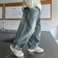 thumbnail image 5 of YMNXA Toddler Kids Boys Denim Pants Elastic Waist Straight Leg Wide Leg Loose Fit Comfortable Jeans Trousers With Pockets For Daily Wear,Blue,6-7 Years, 5 of 6
