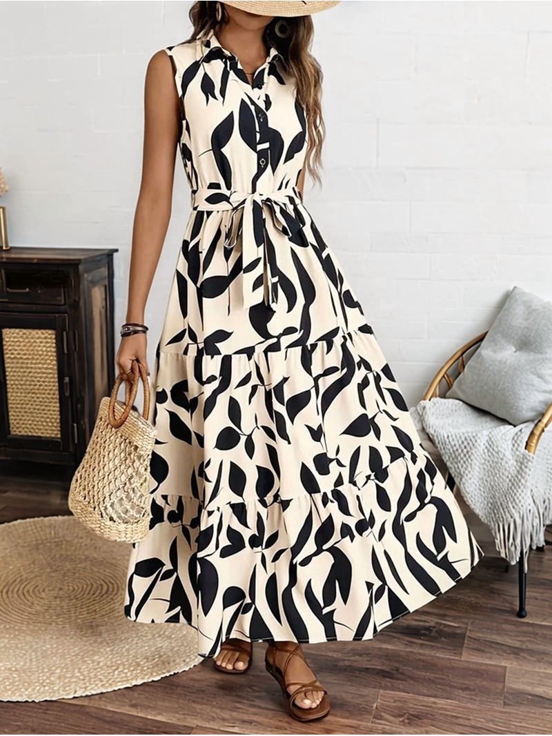 Dycnvjo Women'S Summer Floral Maxi Dress Button Up Collar Tie Waist Tiered Ruffle Sleeveless Boho Dresses XL