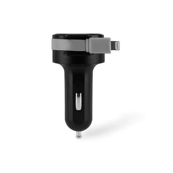 Aluratek Chargeur de voiture 4,8 A avec câble ruban Lightning Rolling intégré et port de charge USB.