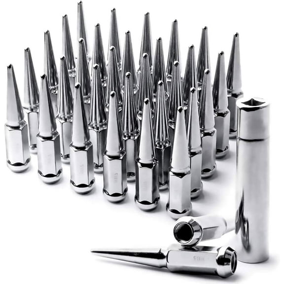 32 PCS Chrome Spiked Lug Nuts 14mmx1.5 Solid 4.4" Tall Acorn Lug Nut with 1 Socket Key Replacement for Chevy Silverado 1500 2500 3500, F-150 F-250 F-350
