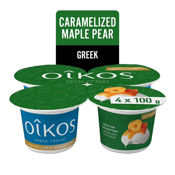 Oikos Greek Yogurt, Limited Edition, Caramelized Maple Pear, Blended, 2% M.F., 4 x 100 g
