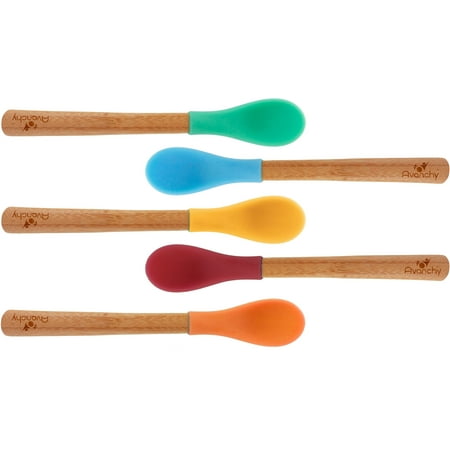 5 Baby Infant Feeding Spoons - Avanchy Bamboo & Silicone Infant Spoon - Assorted Blue