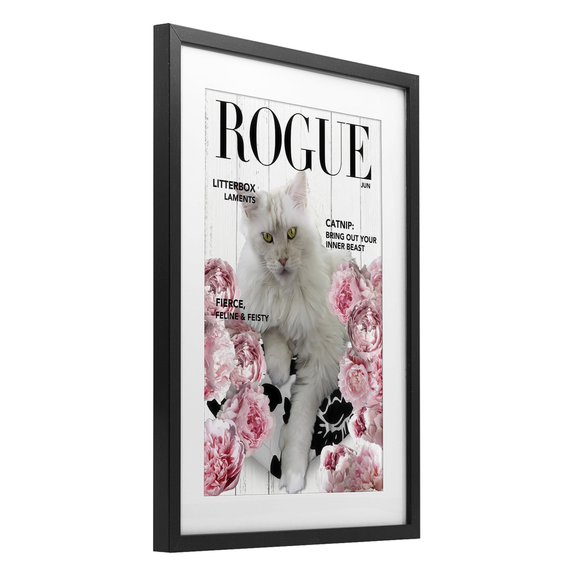 Funny Floral Cat Magazine Black Framed Print Under Glass, design by Sasha