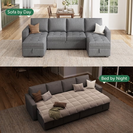 HONBAY 101.4 inch Sectional Modular Sleeper Sofa with Pull-Out Bed and Storage Ottoman for Living Room, Tufted Linen Grey Sofa