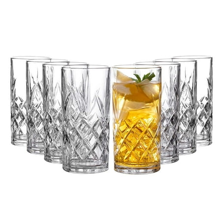 

Royalty Art Kinsley Tall Highball Glasses Set of 8 12 Ounce Cups Textured Designer Glassware for Drinking Water Beer or Soda Trendy and Elegant Dishware Dishwasher Safe