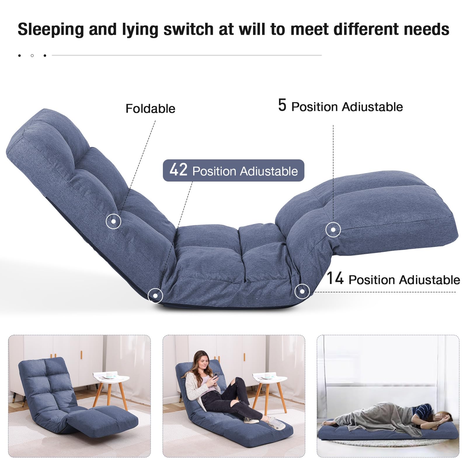 Floor Chair with Footrest Adjustable Backrest with 14 Positions Footrest 5-Position Adjustment Foldable Floor Gaming Chair for Easy Storage Linen Fabirc Chaise Lounge