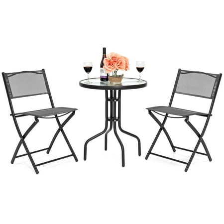 Best Choice Products 3-Piece Polyester Patio Bistro Dining Furniture Set with 2 Folding Chairs and Textured Glass Tabletop,