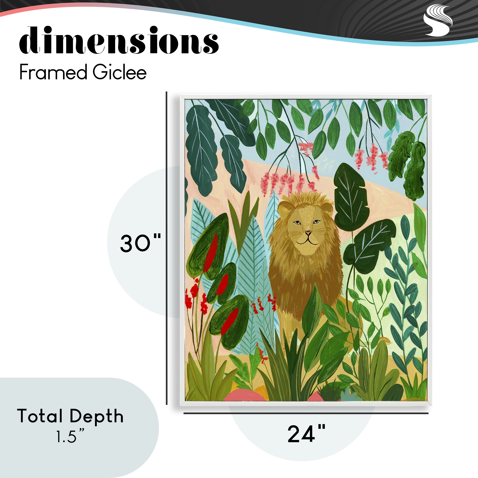 Stoic Lion Tropical Forest White Framed Giclee Art, design by Nabeela Rumi