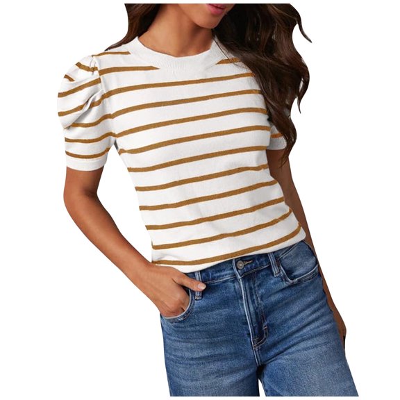 Scyoekwg Womens Graphic T Shirts Trendy Round Neck Puff Sleeve Knit Tops Casual Lightweight Summer Comfy Striped Printed Loose Short Sleeve T Shirts Blouses (Brown,L)