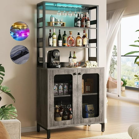 iSunirm Tall Wine Bar Cabinet with LED Light and Power Strip, 67'' Standing Liquor Cabinet with Door & Glass Holder, Coffee Bar Cabinet, Bakers Rack Cabinet, for Living Room, Kitchen, White Oak