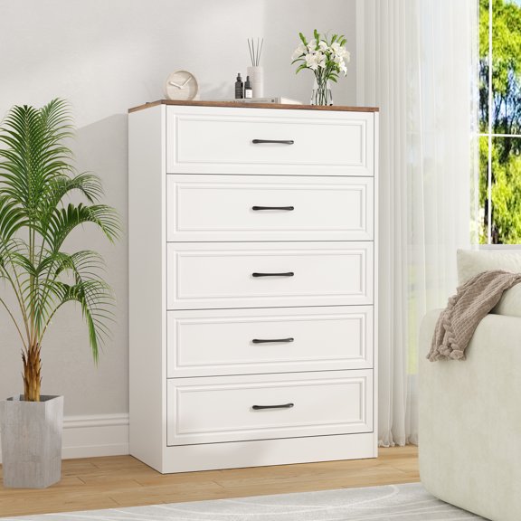 Vabches Farmhouse 5 Drawer Dresser with Metal Handle, Tall Wood Chest of Drawers for Living Room Bedroom,White Brown