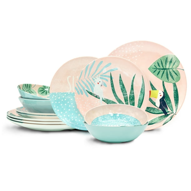 Zak Designs 12Piece Summer Prints Dinnerware Set Melamine Plates and