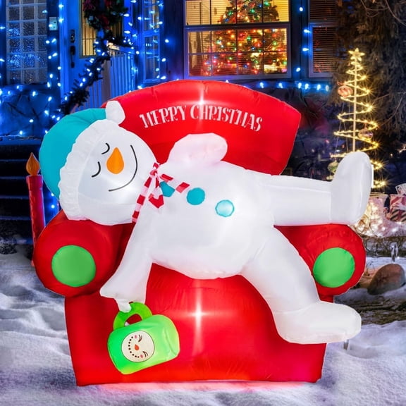 5FT Christmas Inflatable  Snowman Sofa, Xmas Outside Yard Decor with LED Lights Blow Up Snowman Giant Winter Holiday Decor, Lighted Party Inflatables Decoration for Garden Lawn