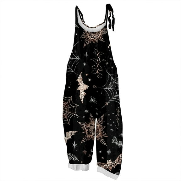 WTOBBY Halloween Printed Women's Jumpsuit, Casual Loose Retro Design with Suspenders in Cotton Linen Blend, Ideal for Relaxed and Fashionable Wear,BlackL
