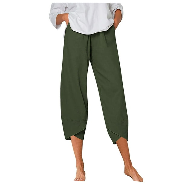 Pantalones elásticos de lino de cintura alta para mujer: pantalones cortos de pierna ancha y recta para el verano, informales, para la oficina o las vacaciones.