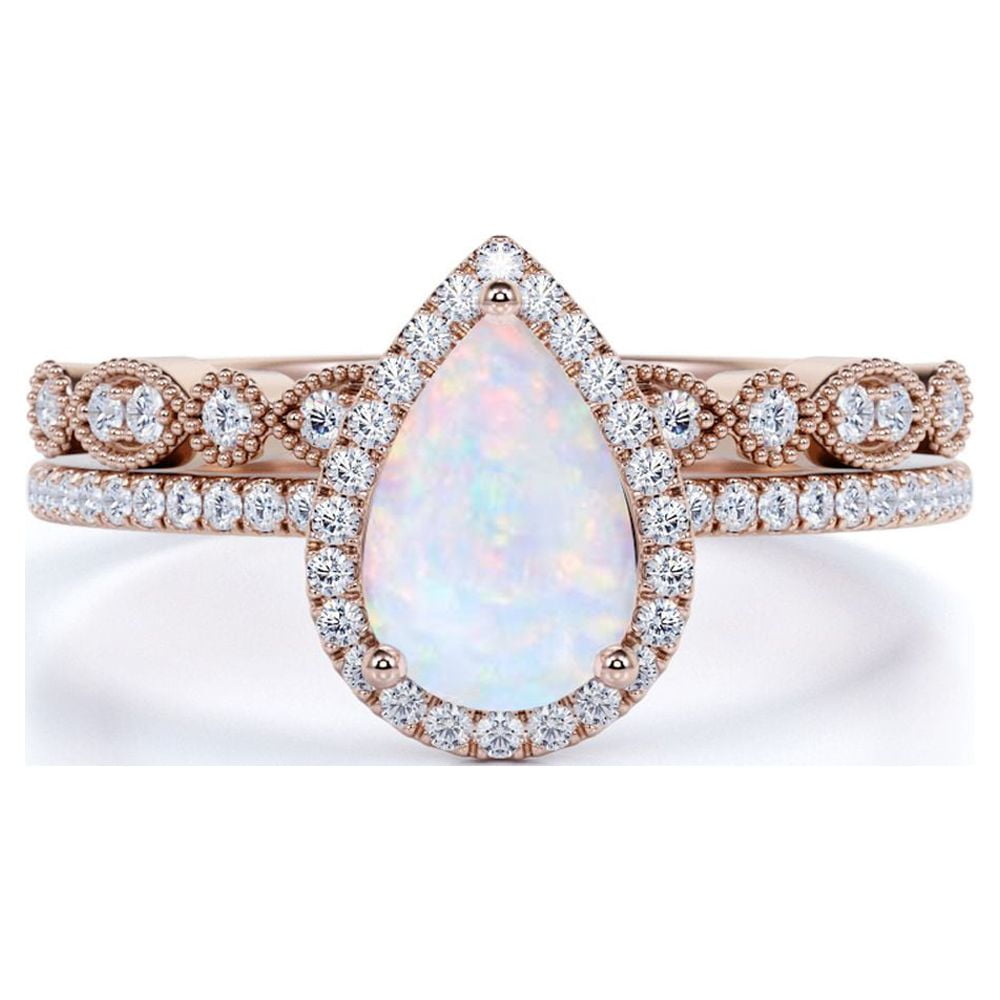 JeenMata Vintage 1.50 ct Halo Pear Shaped Opal and Moissanite Wedding Ring Set in 18K Rose Gold over Silver
