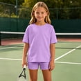 thumbnail image 4 of Lumosvexa Girls Outfits Sets, Short Sleeve Tee and Skinny Fit Shorts Summer Home Lounge Clothes 2 Piece Purple 7-8, 4 of 9