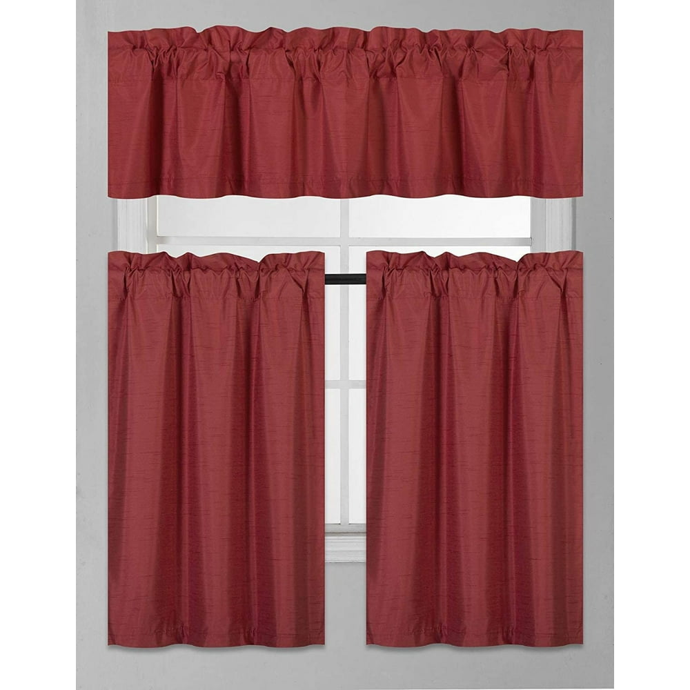 Solid 3Piece Room Darkening Kitchen Window Curtain Set (Burgundy