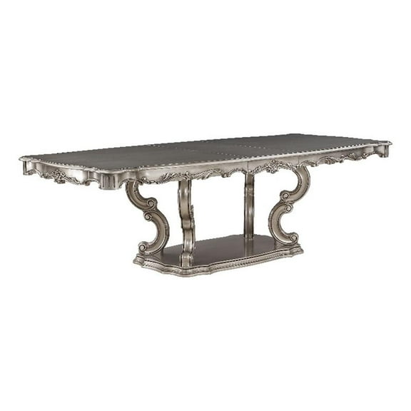 Pemberly Row Wooden Dining Table with Pedestal in Antique Platinum Silver