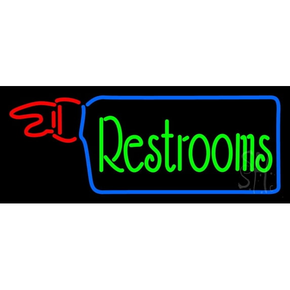 Restrooms With Hand Pointing LED Neon Sign 13 x 32 - inches, Clear Edge Cut Acrylic Backing, with Dimmer - Bright and Premium built indoor LED Neon Sign for Bar decor.