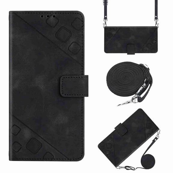 Dteck Wallet Case for Samsung A35, Magnetic Emboss Pattern Shockproof PU Leather Flip Protective Case with Adjustable Shoulder Strap for Galaxy A35, Black