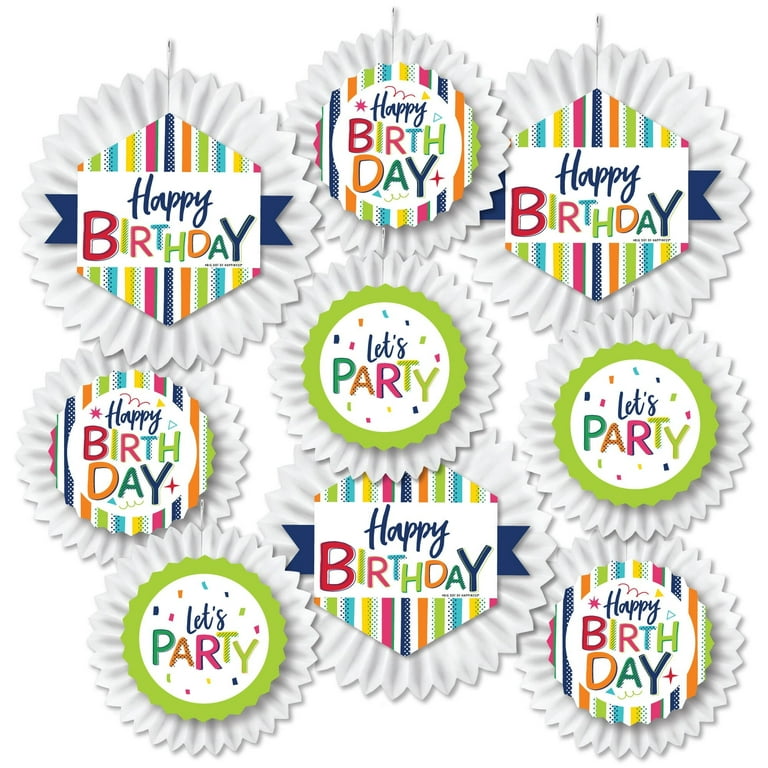 Big Dot of Happiness - Cheerful Happy Birthday - Hanging Colorful Birthday Party Tissue Decoration Kit - Paper Fans - Set of 9