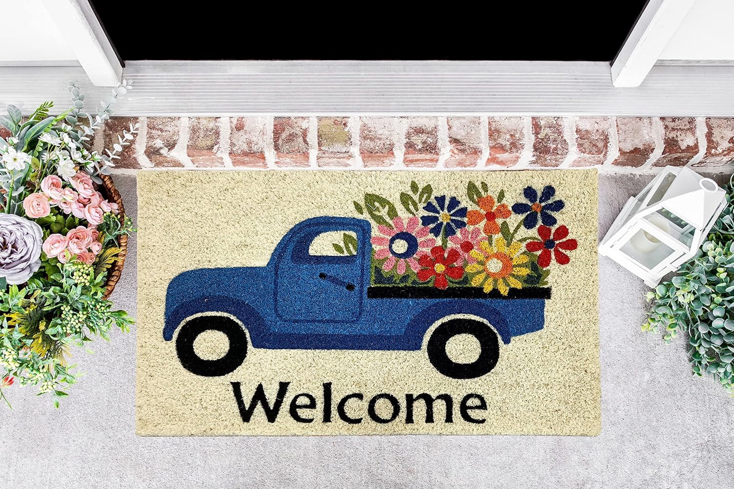 Kashi Home Printed Coir Fiber 18x28 Non-Slip Doormat, Durable Outdoor / Indoor Rug, Entryway, Front Door, Porch, Patio, Welcome Mat, Hello Spring, Floral Americana Design Decor (Welcome Flower Truck)