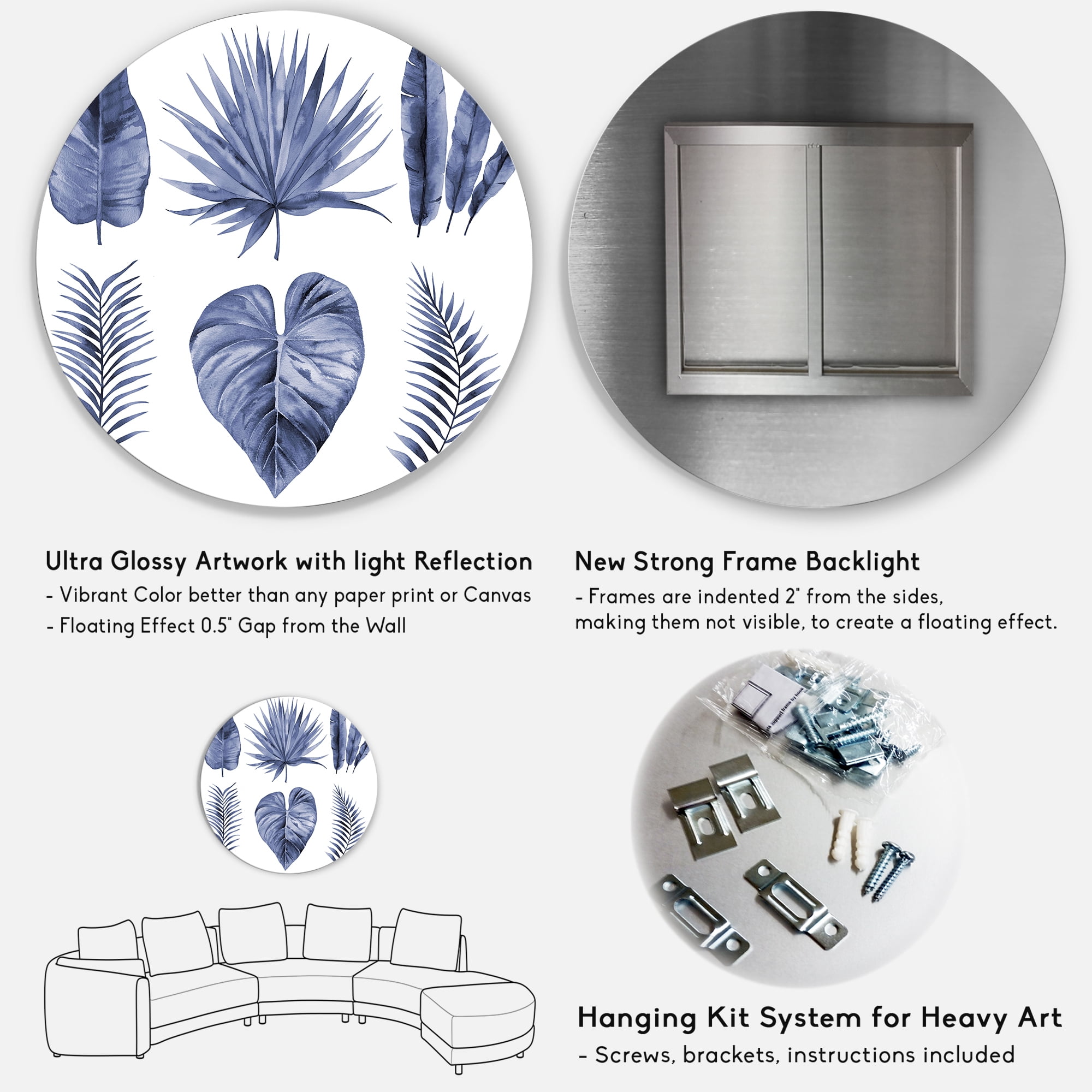 Designart 'Blue Watercolour Tropical Leaves IV' Traditional Circle Metal Wall Art 11x11 - Disc of 11