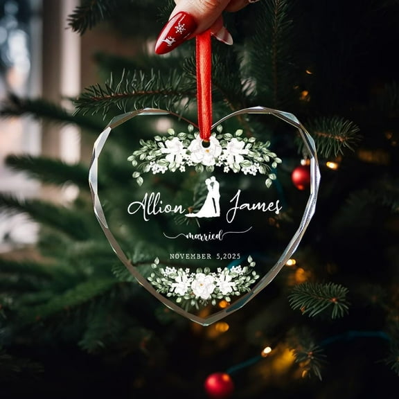 First Christmas Married Ornament 2025 - Personalized Script 'Married' Sea-Glass-Style Keepsake, Our 1st Christmas