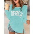 thumbnail image 2 of Women'S Beach Cover Up Letter Print Long Sleeve Sweater Crew Neck Split Hem Crochet Jumper Top Green M, 2 of 4