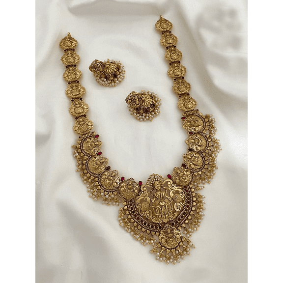 Traditional Gold Plated Temple Jewelry Necklace Set with Lakshmi Pendant & Jhumka Earrings