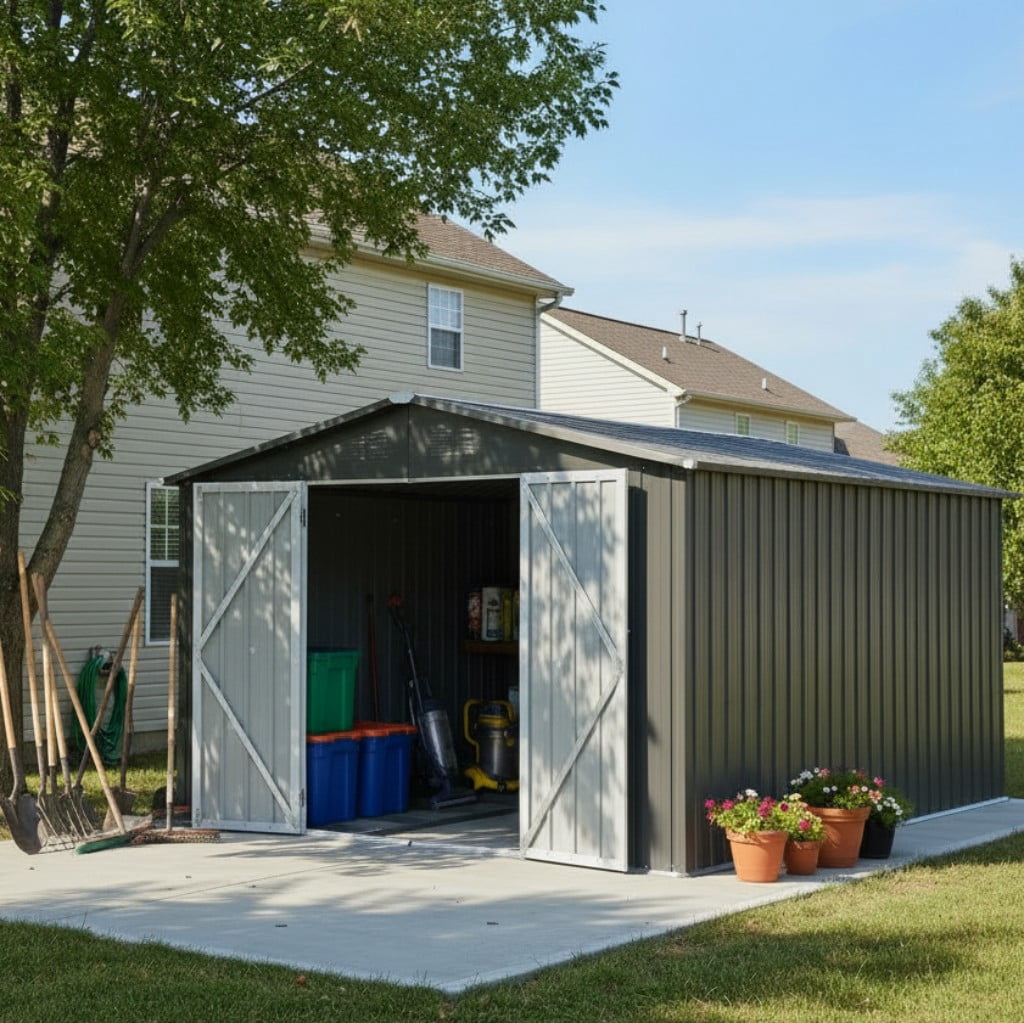 Aukfa 12x10 FT Metal Outdoor Storage Shed with Lockable Double Doors & Ventilation, Heavy-Duty Galvanized Steel Garden Shed for Backyard Patio Lawn Tool & Bike Storage, Gray