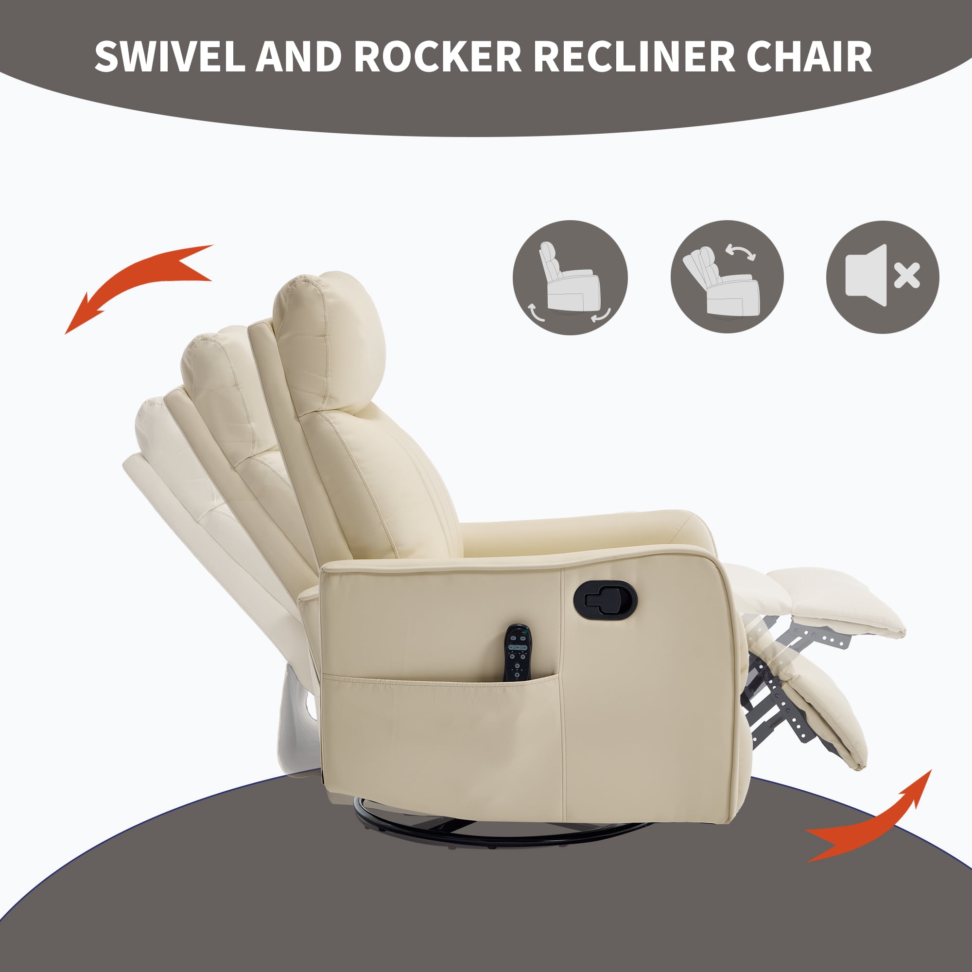 Gewnee 360° Swivel Rocking Recliner with Massage & Heat, Adjustable Reclining Angle, for Living Room & Office，Beige