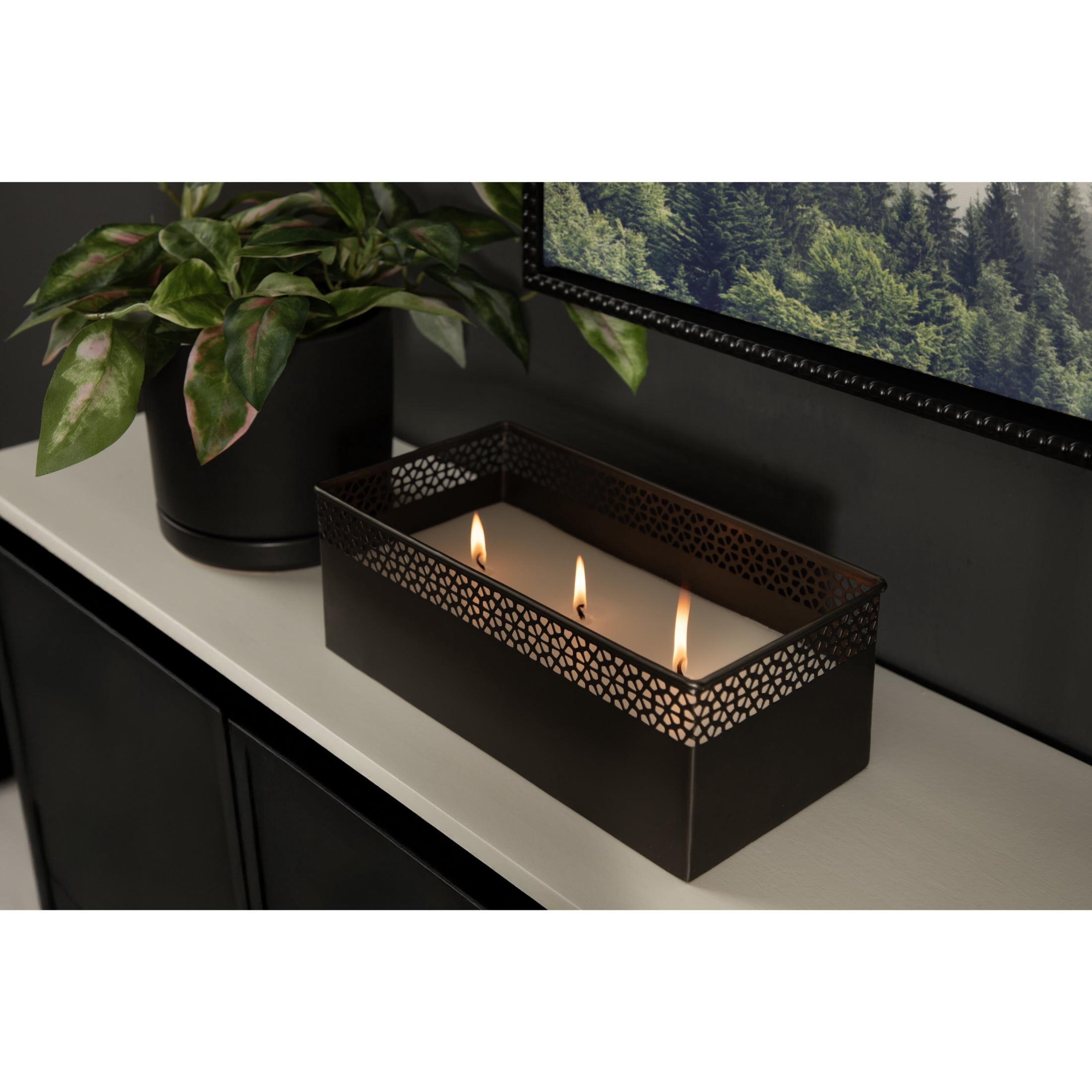 Kate and Laurel Pearce Rectangle Decorative Metal Candle Bowl, 11 x 6 x 4, Gray Gunmetal, Large Three-Wick Unscented Candle with Decorative Bowl for Living Room Decor