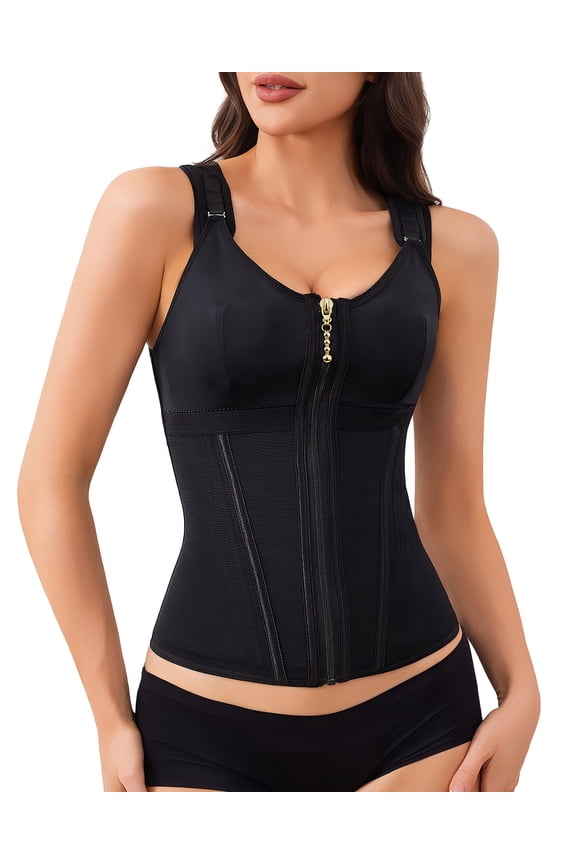 Waist Trainer Corset for Women Tummy Control Sport Workout Shapewear Postpartum Gym Zipper and Hooks Body Shaper Vest Black 3XL