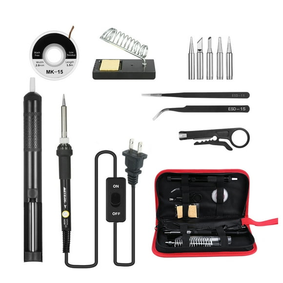TFixol 13 in 1 Soldering Iron Kit 60W Adjustable Temperature Welding Soldering Iron with ON/OFF Switch 5pcs Soldering Tips Solder Sucker Desoldering Wick Anti-static Tweezers Iron Stand with Cleaning