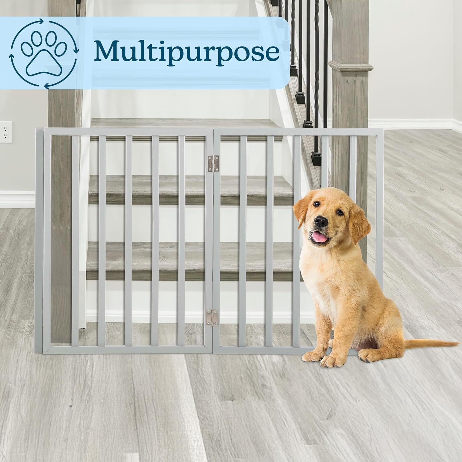 Foldable Indoor Dog Gate with 4 Panels for Stairs, Hallways, or Doorways - 72x24-Inch Retractable Wood Freestanding Pet Barrier (Gray)