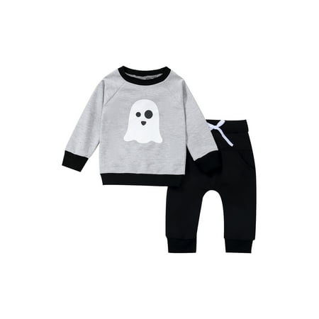 

Douhoow Baby Boy Halloween 2Piece Outfit Long Sleeve Ghost Printed Contrast Color Tops Tie up Pants