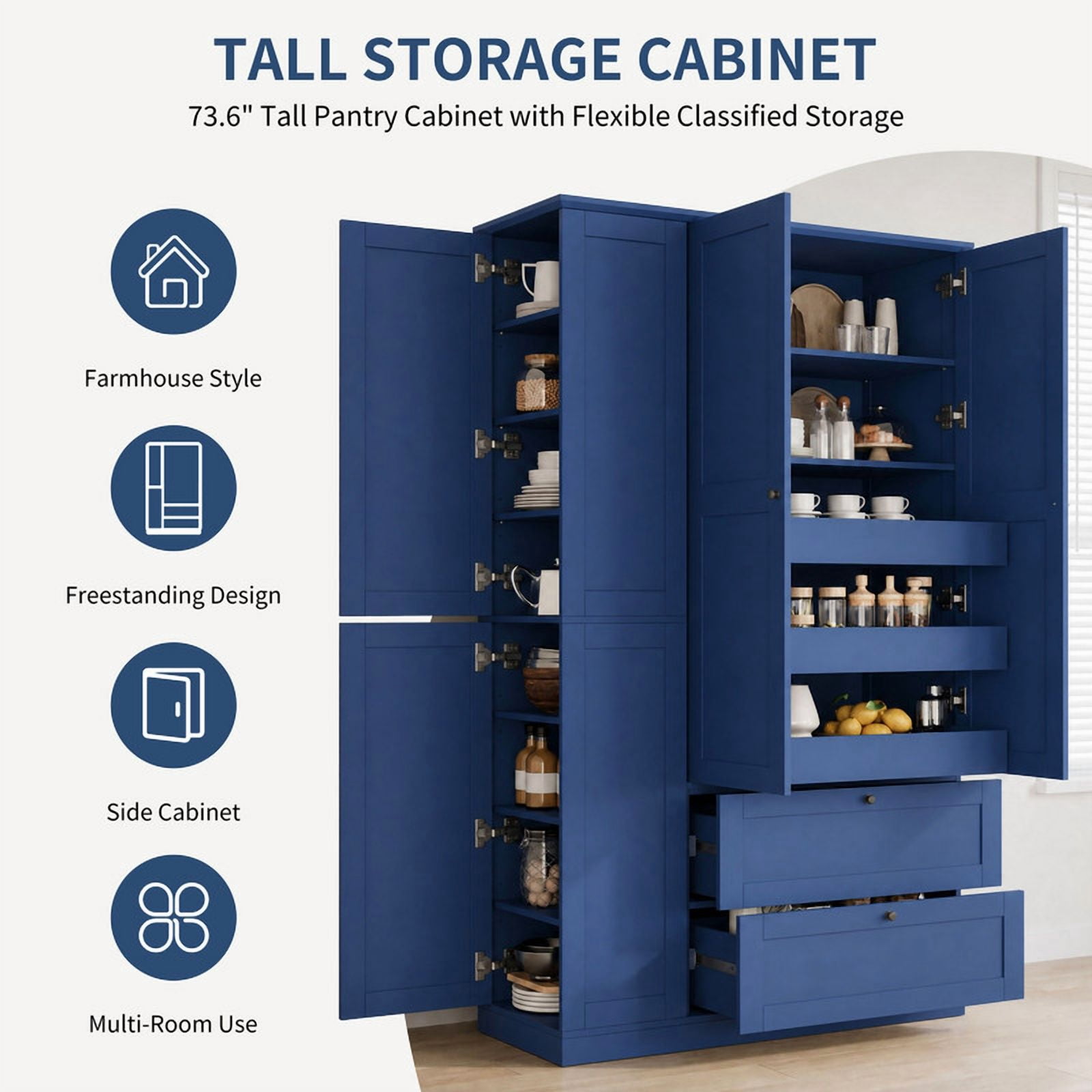 Versatile Kitchen Pantry with Shelves, Drawers, Pull-Out Trays & Side Storage Cabinets, Hutch Cupboard with Adjustable Shelf
